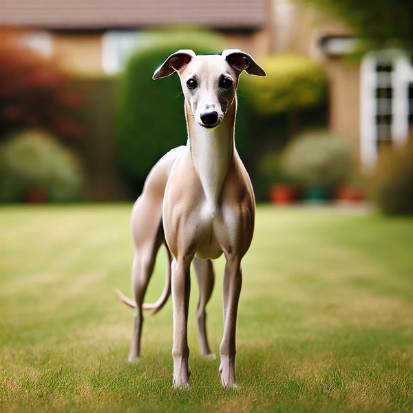 14. Whippet standing calmly on a grassy lawn, showing its athletic build and gentle nature