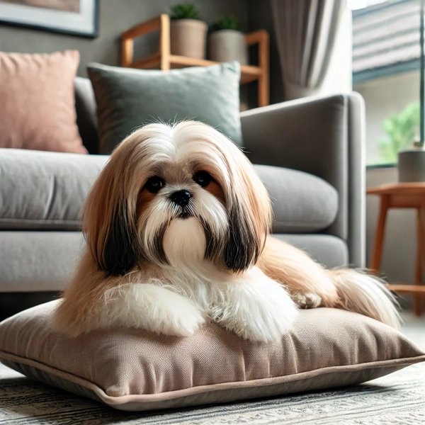 7. Shih Tzu lying comfortably on a soft cushion in a cozy apartment setting