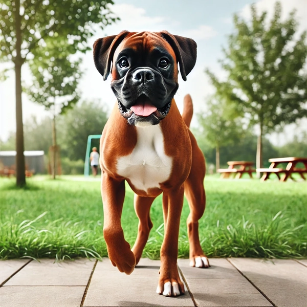 8. Boxer dog standing outside on a grassy lawn, looking energetic and playful