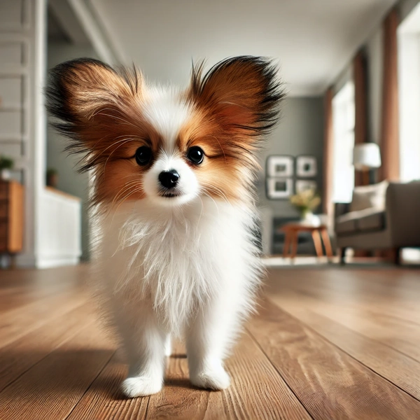 9. A small Papillon dog standing on a wooden floor indoors