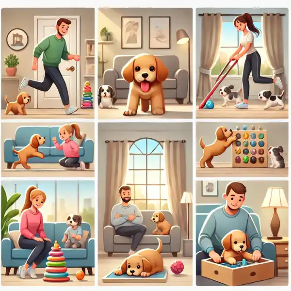 A fun indoor setting where puppies are being exercised indoors