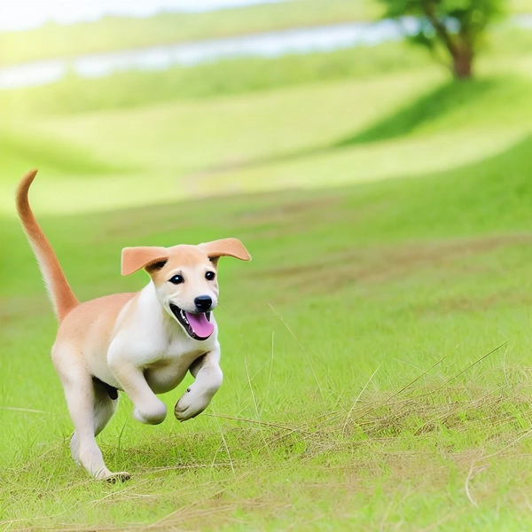 A happy puppy running and playing in a grassy field