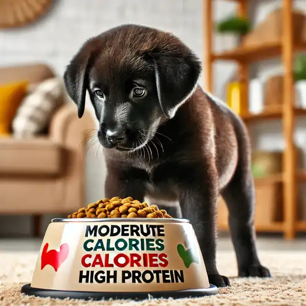 A large breed puppy, like a Labrador or German Shepherd, eating from a big food bowl labeled with moderate calories