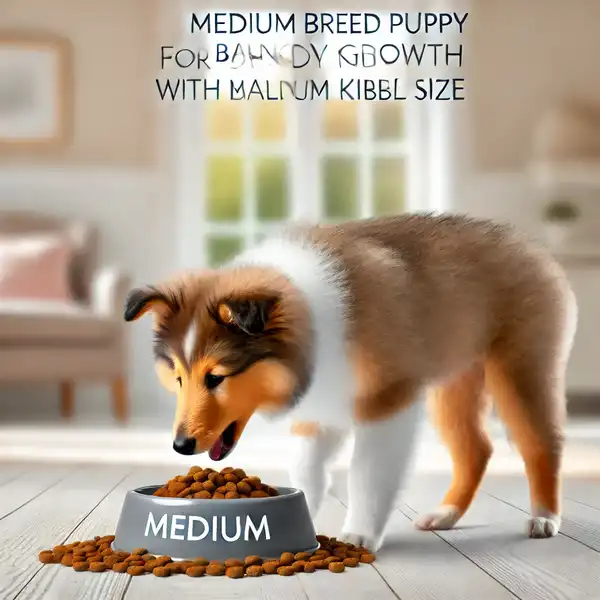 A medium breed puppy, like a Collie, eating from a medium-sized food bowl with balanced nutrients