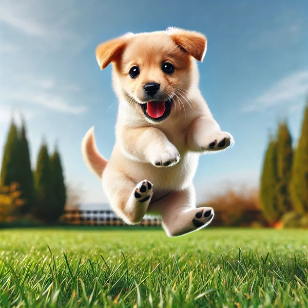 A playful puppy jumping and bouncing outdoors on green grass