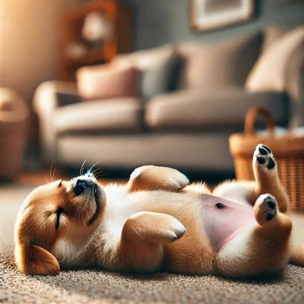 A puppy lying on its back in a relaxed position in a cozy living room