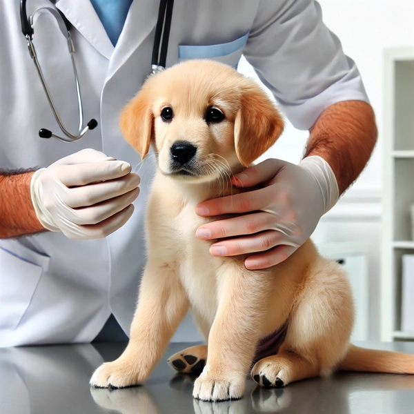 A puppy receiving a vet checkup in a veterinary office A puppy receiving a vet checkup