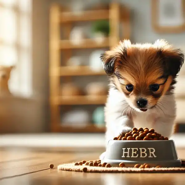 A small breed puppy, like a Chihuahua or Yorkie, eating from a small food bowl with high-calorie content and tiny kibble