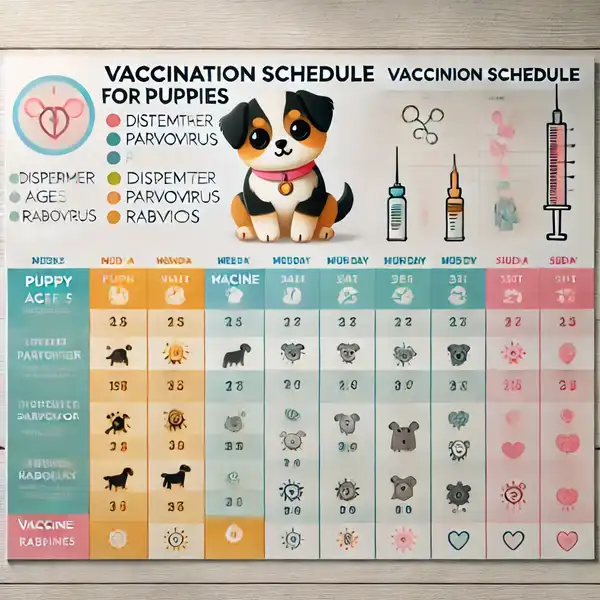 A vaccination schedule chart for puppies displayed in a colorful, easy to read format