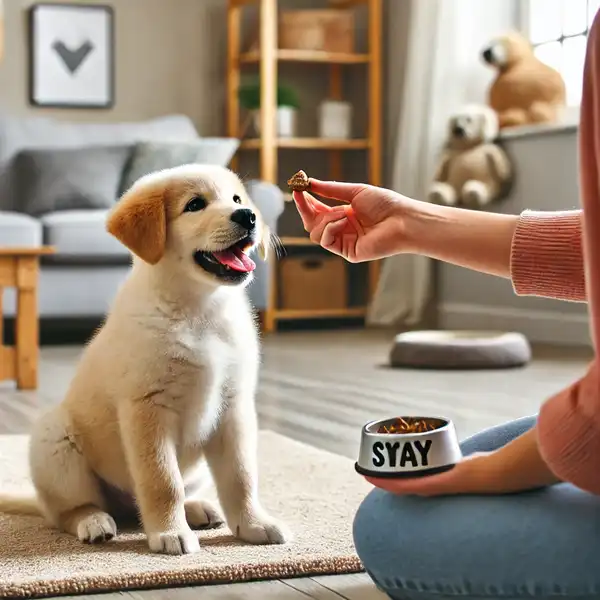 Basic Needs of a Puppy - A happy puppy sitting and learning basic commands like 'sit' and 'stay