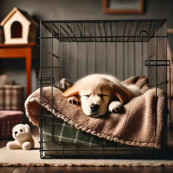 Basic Needs of a Puppy - A young puppy sleeping peacefully in a cozy crate with soft blankets inside