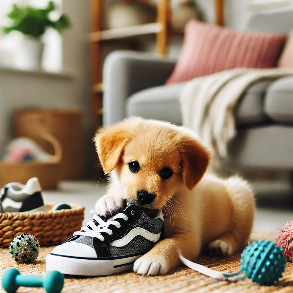 Behavior Problems in Puppies A playful puppy chewing on a shoe in a cozy living room with chew toys scattered around