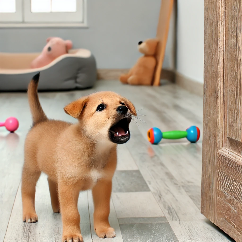 Behavior Problems in Puppies A young puppy barking loudly in a cozy home setting