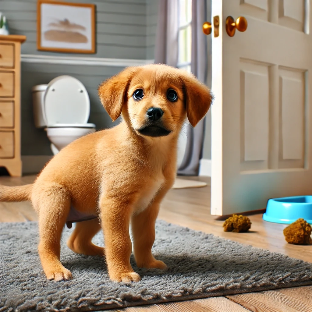 Behavior Problems in Puppies Puppy having a potty accident indoors, standing in a room with a surprised and confused expression