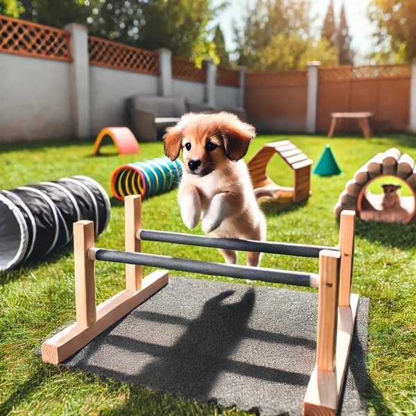 Obstacle Courses A puppy navigating a simple obstacle course in a backyard