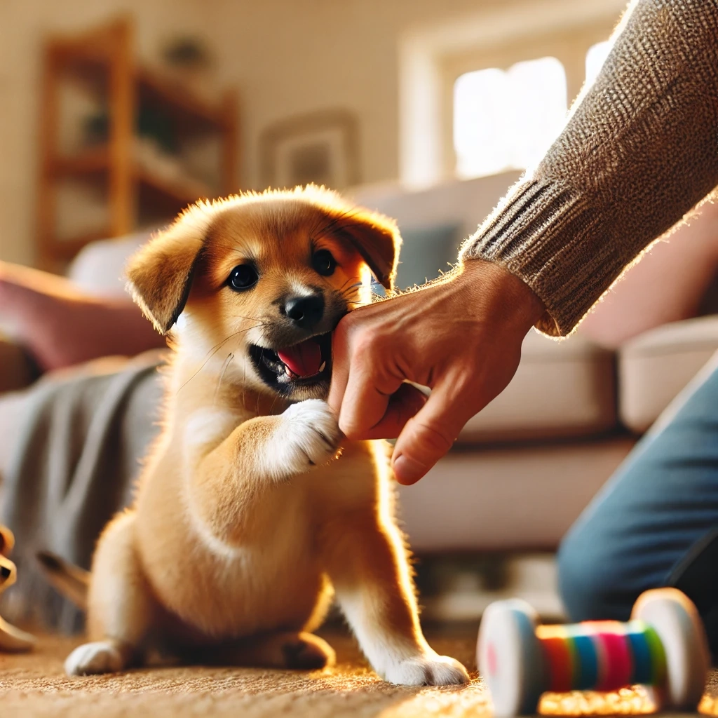 Potty Accidents Puppy nipping at a person's hand during playtime in a cozy living room