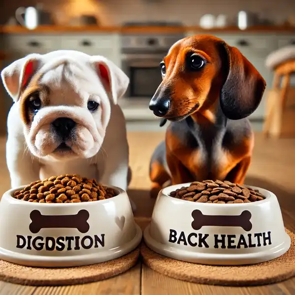 Two breed-specific puppies, a Bulldog and a Dachshund, eating from food bowls designed for their special needs