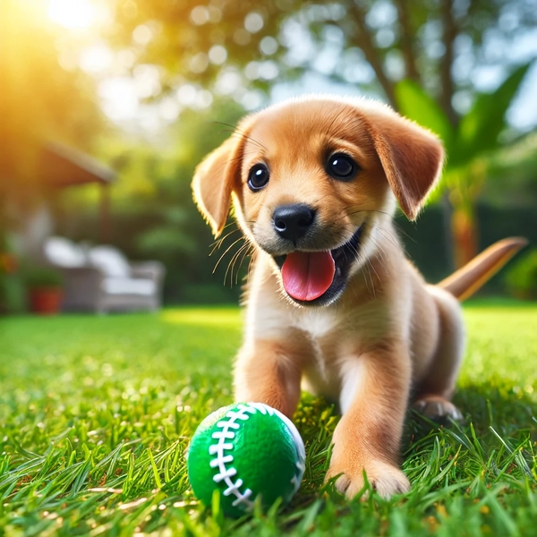 how to tell if your puppy is happy A happy puppy playing with a ball in a backyard